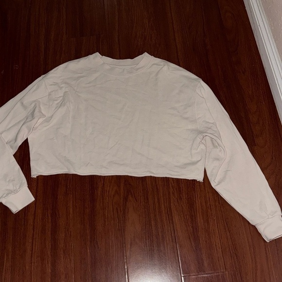 ASOS STR Stradivarius cropped raw hem long sleeve top pullover S oatmeal - Picture 2 of 7